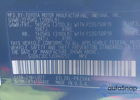 2018 Toyota Sienna Se 8 Passenger z USA, uszkodzony, nr VIN 5TDXZ3DC1JS940252